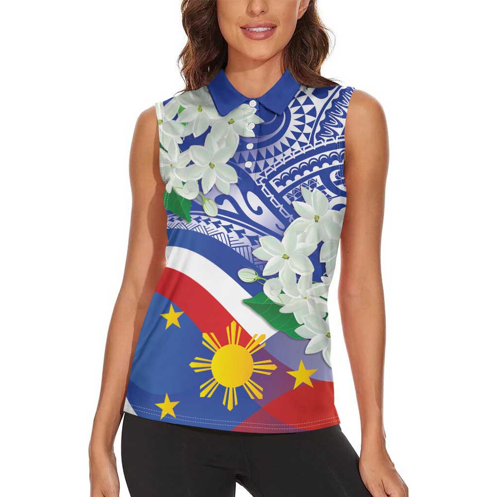 Philippines Flag Women Sleeveless Polo Shirt Sampaguita Jasmine with Polynesian Tribal - Wonder Print Shop