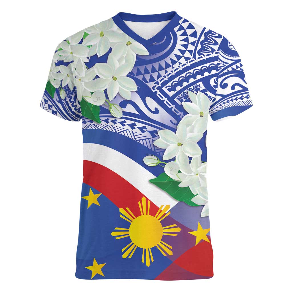 Philippines Flag Women V-Neck T-Shirt Sampaguita Jasmine with Polynesian Tribal - Wonder Print Shop