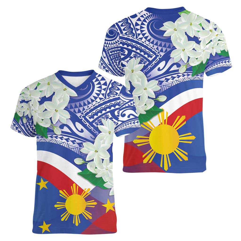 Philippines Flag Women V-Neck T-Shirt Sampaguita Jasmine with Polynesian Tribal - Wonder Print Shop