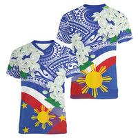Philippines Flag Women V-Neck T-Shirt Sampaguita Jasmine with Polynesian Tribal - Wonder Print Shop