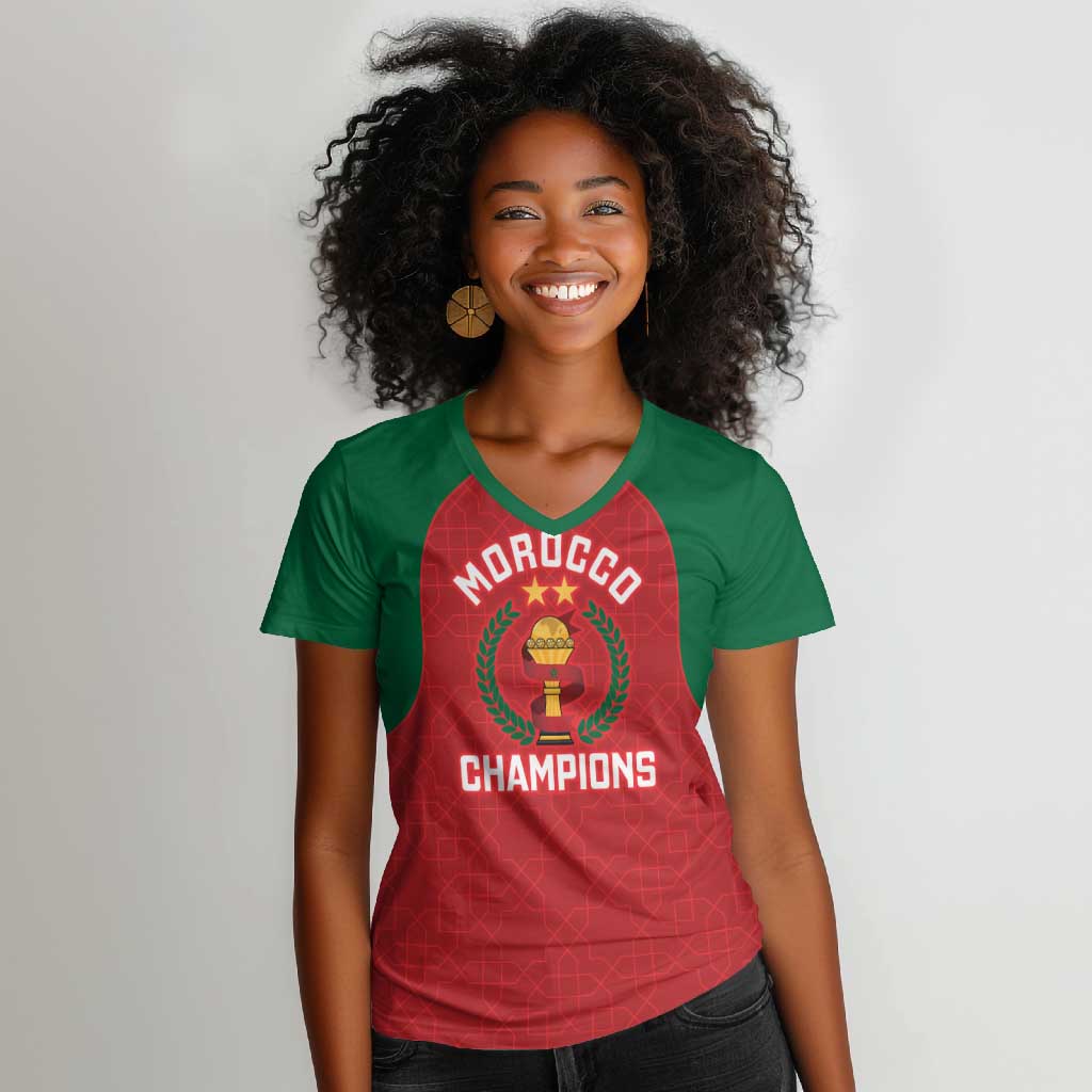 Custom Morocco Atlas Lions Women V-Neck T-Shirt African Football Champions 2025
