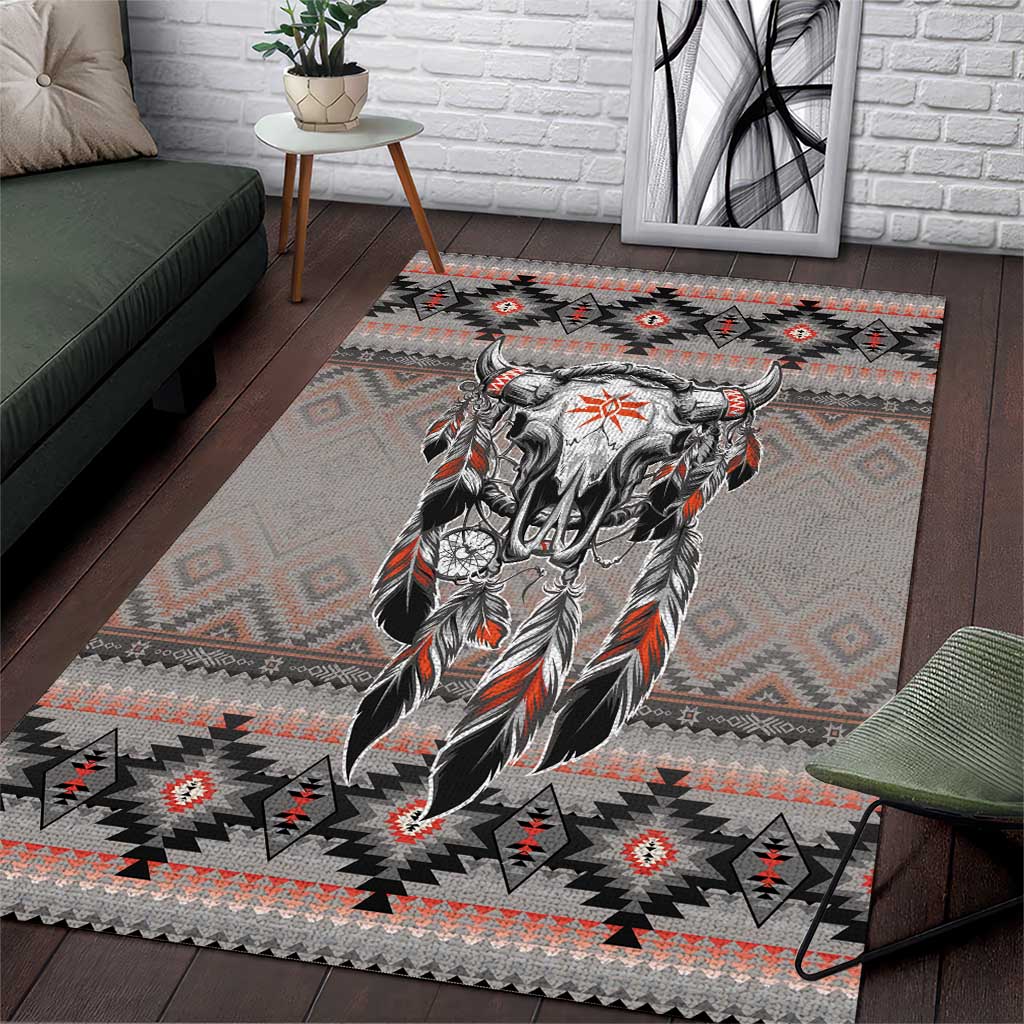Native American Buffalo Skull Area Rug with Dream Catchers Feathers