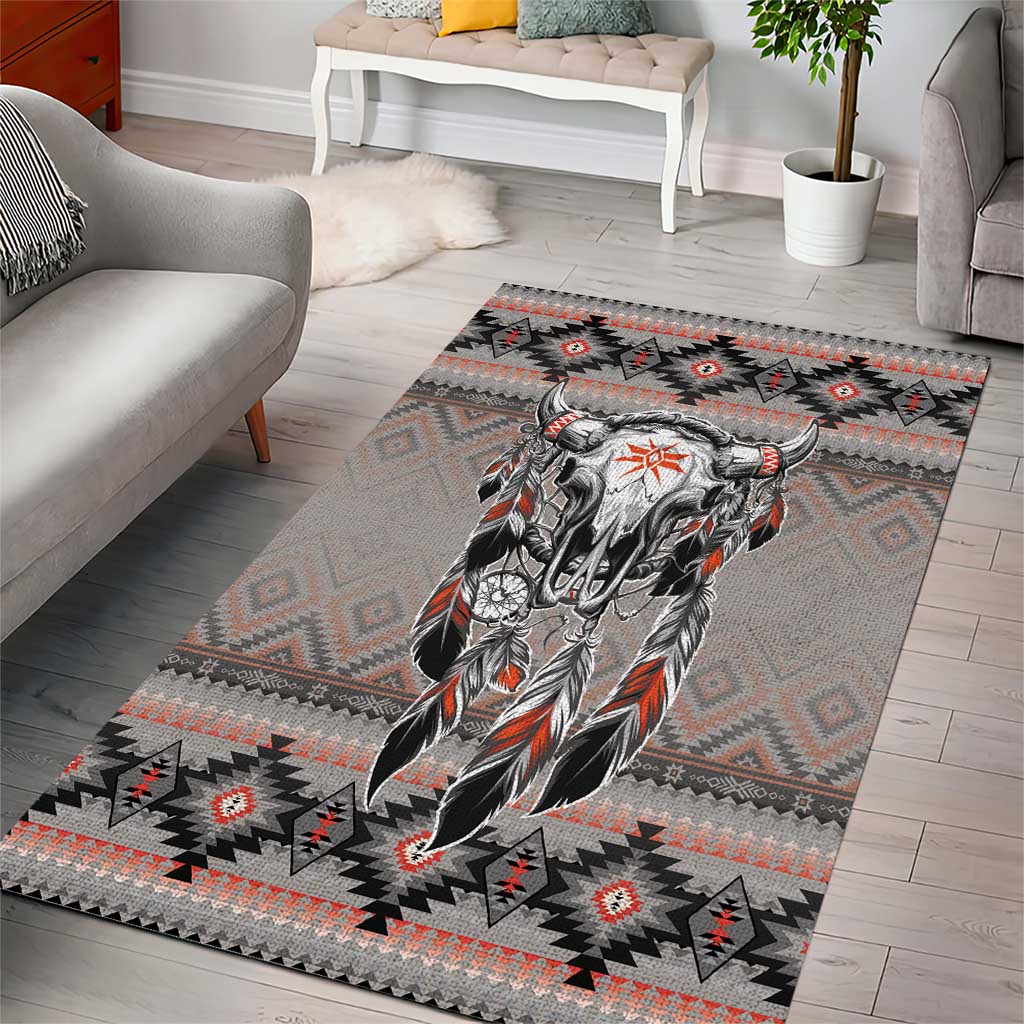 Native American Buffalo Skull Area Rug with Dream Catchers Feathers