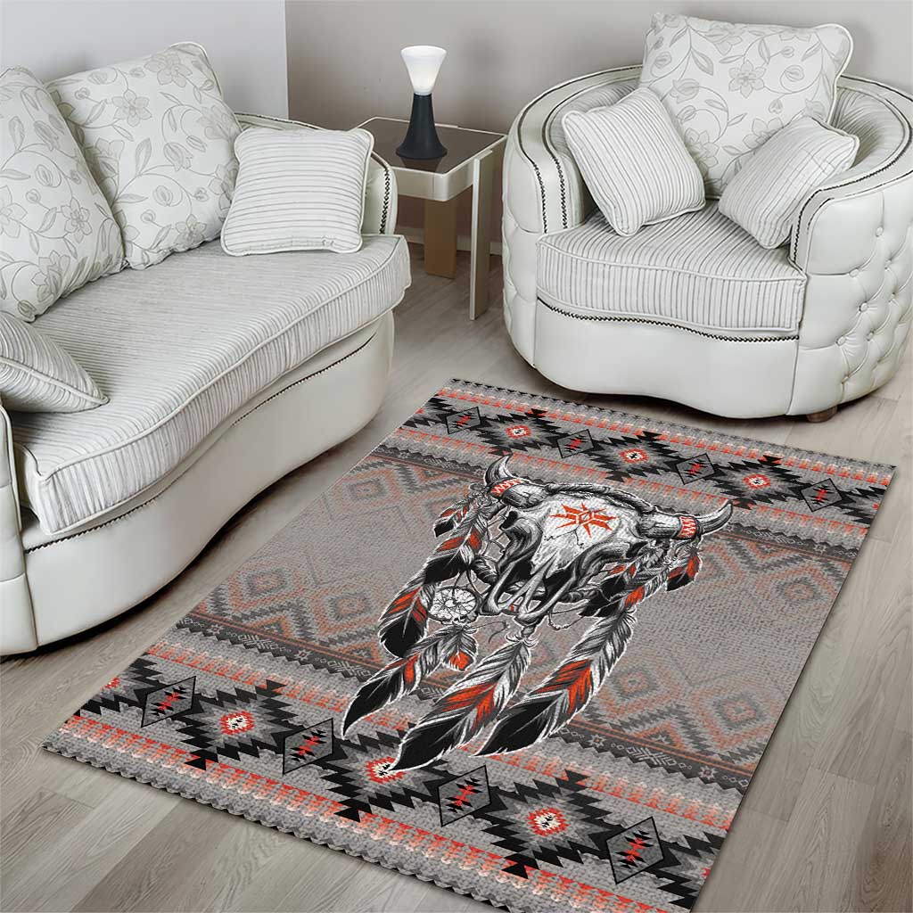 Native American Buffalo Skull Area Rug with Dream Catchers Feathers