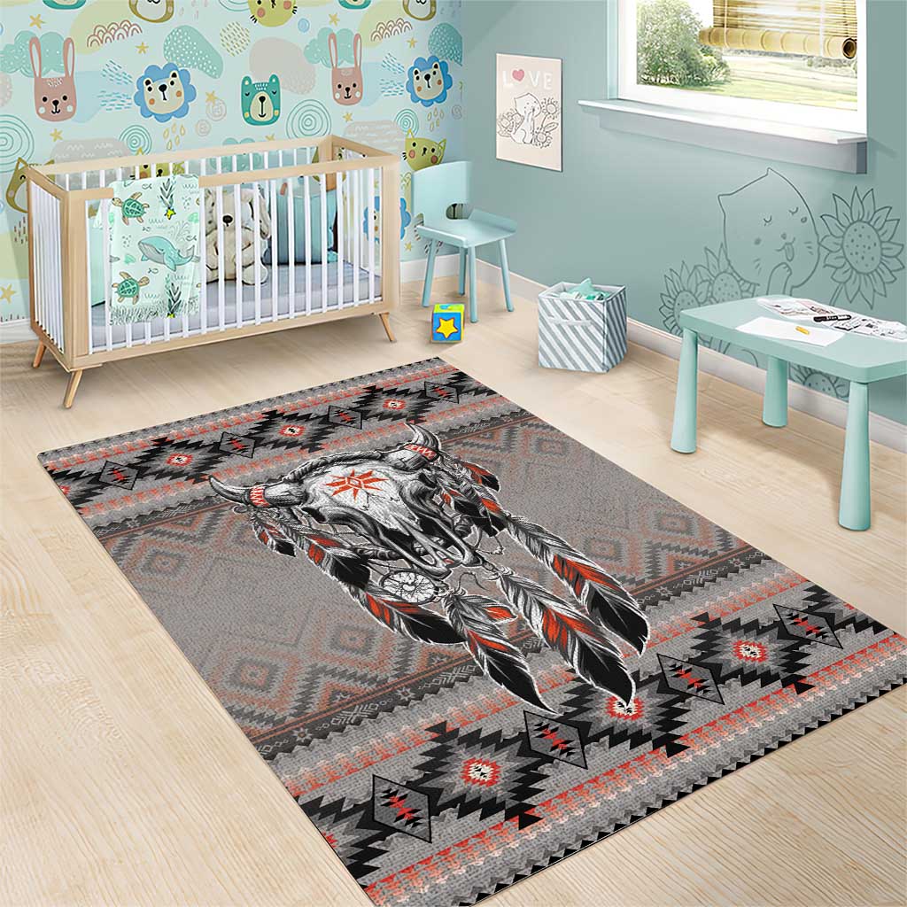 Native American Buffalo Skull Area Rug with Dream Catchers Feathers
