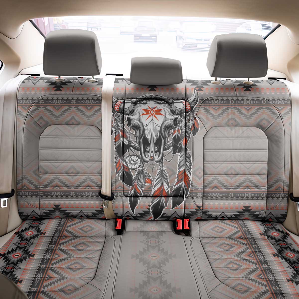 Native American Buffalo Skull Back Car Seat Cover with Dream Catchers Feathers
