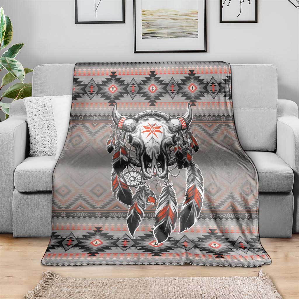 Native American Buffalo Skull Blanket with Dream Catchers Feathers