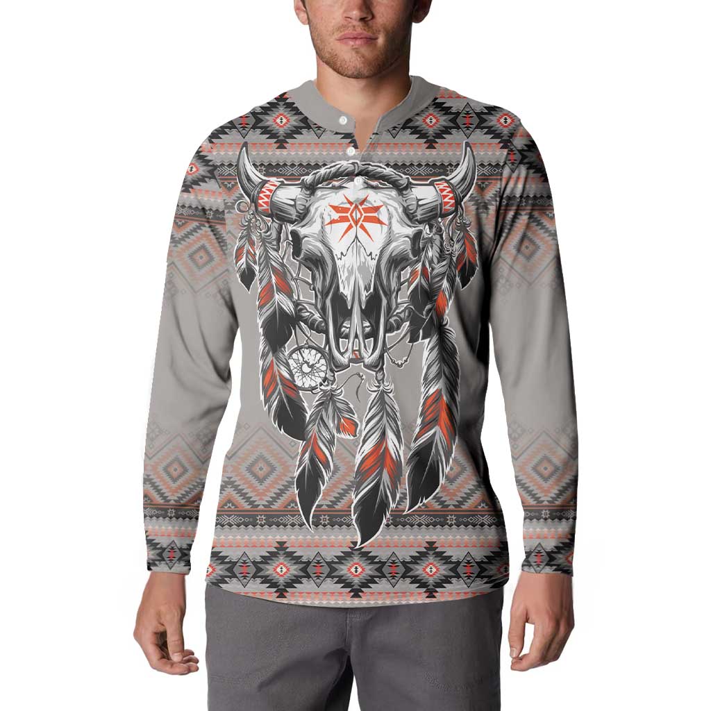 Native American Buffalo Skull Button Sweatshirt with Dream Catchers Feathers