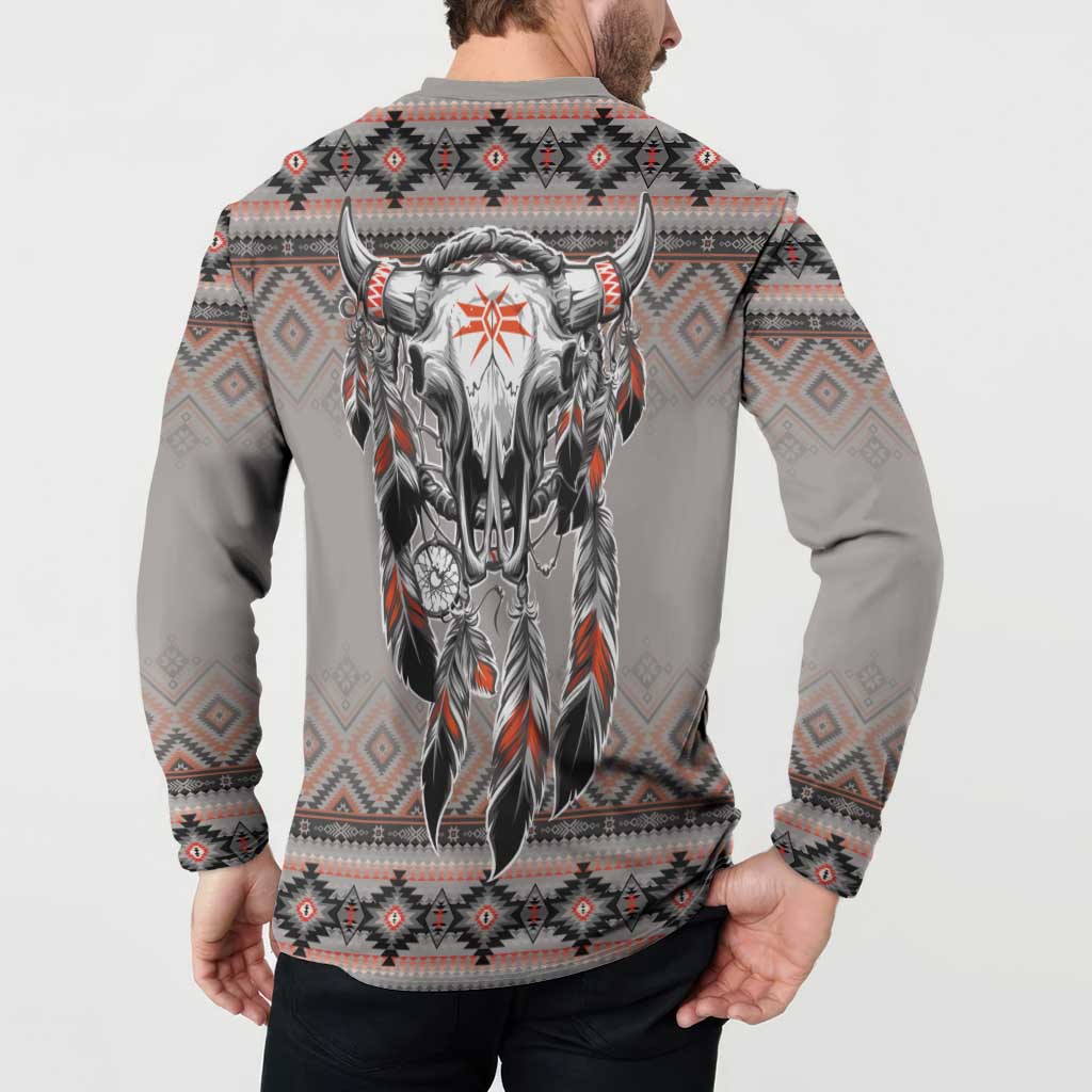 Native American Buffalo Skull Button Sweatshirt with Dream Catchers Feathers