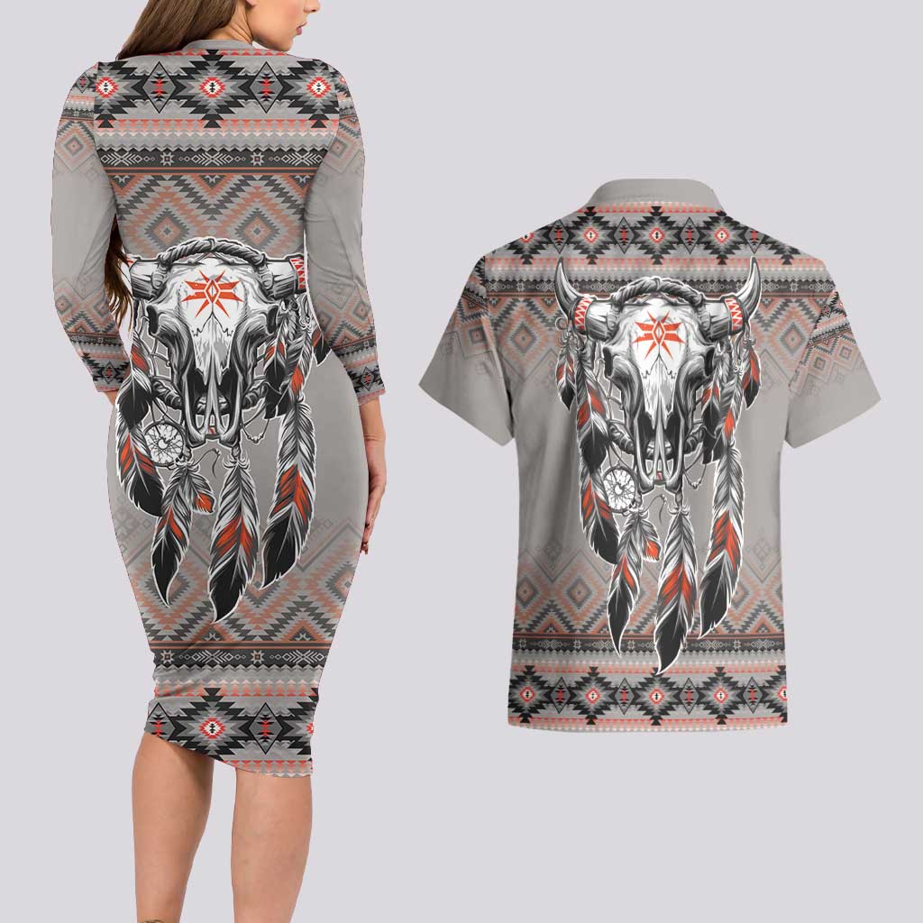 Native American Buffalo Skull Couples Matching Long Sleeve Bodycon Dress and Hawaiian Shirt with Dream Catchers Feathers