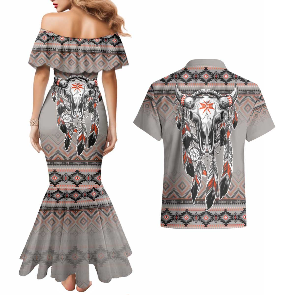 Native American Buffalo Skull Couples Matching Mermaid Dress and Hawaiian Shirt with Dream Catchers Feathers