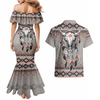 Native American Buffalo Skull Couples Matching Mermaid Dress and Hawaiian Shirt with Dream Catchers Feathers