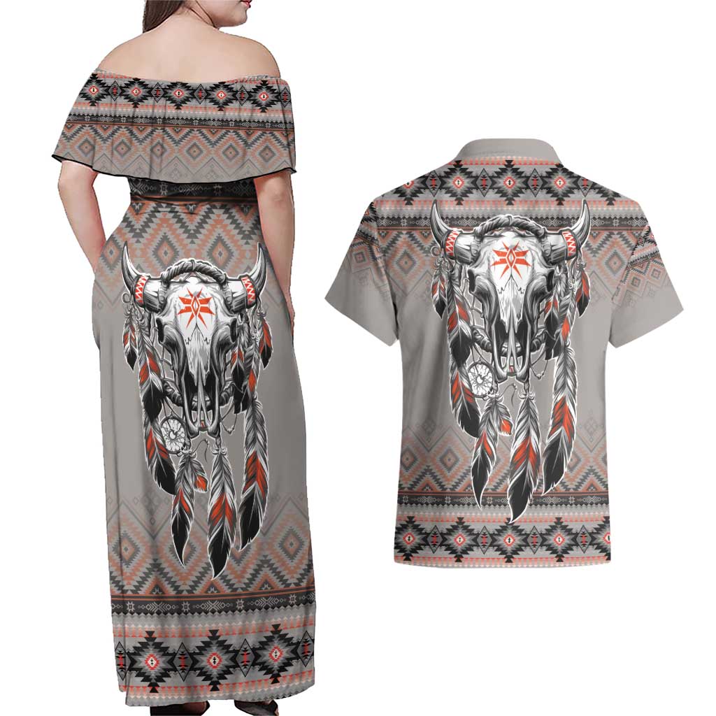 Native American Buffalo Skull Couples Matching Off Shoulder Maxi Dress and Hawaiian Shirt with Dream Catchers Feathers