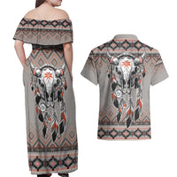 Native American Buffalo Skull Couples Matching Off Shoulder Maxi Dress and Hawaiian Shirt with Dream Catchers Feathers