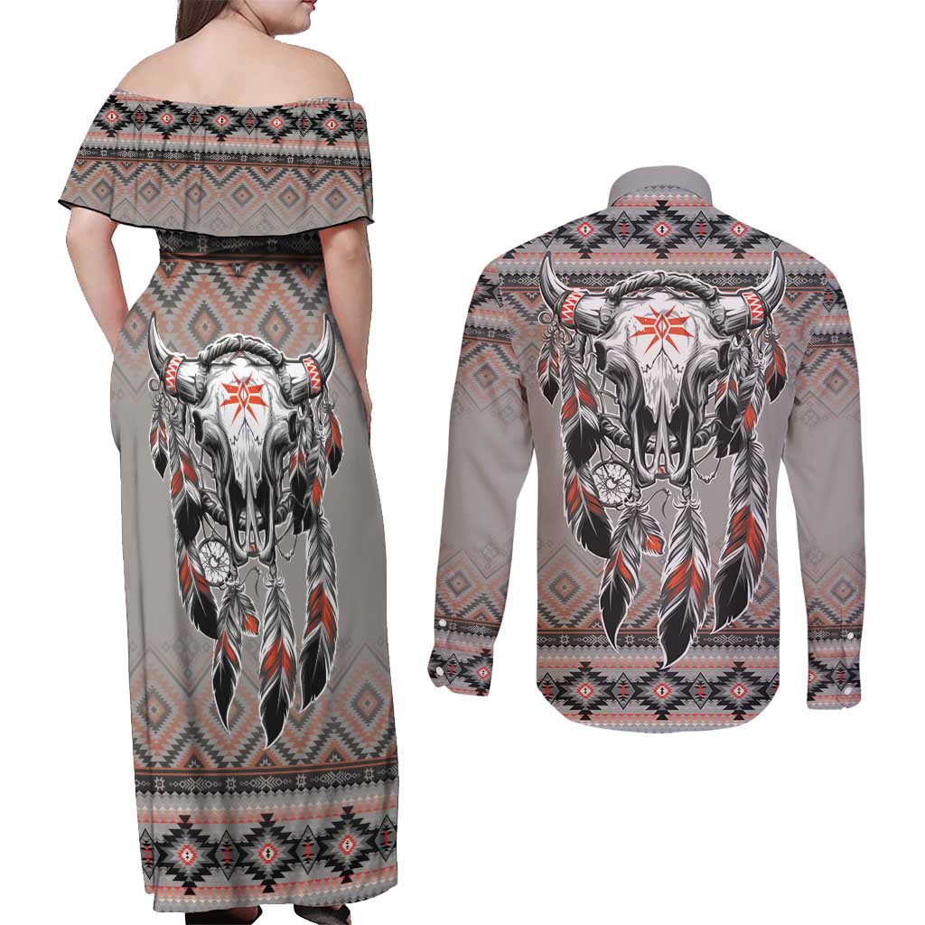 Native American Buffalo Skull Couples Matching Off Shoulder Maxi Dress and Long Sleeve Button Shirt with Dream Catchers Feathers