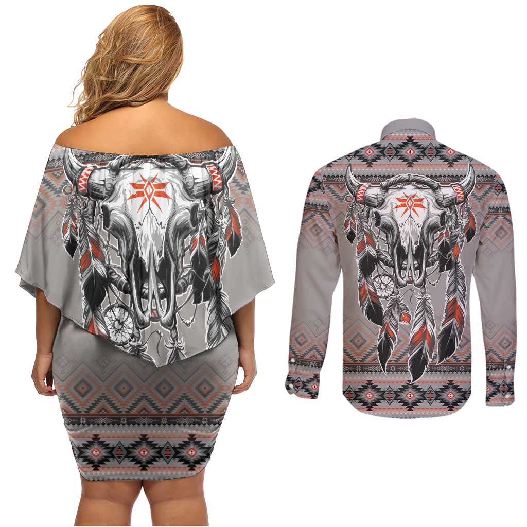 Native American Buffalo Skull Couples Matching Off Shoulder Short Dress and Long Sleeve Button Shirt with Dream Catchers Feathers