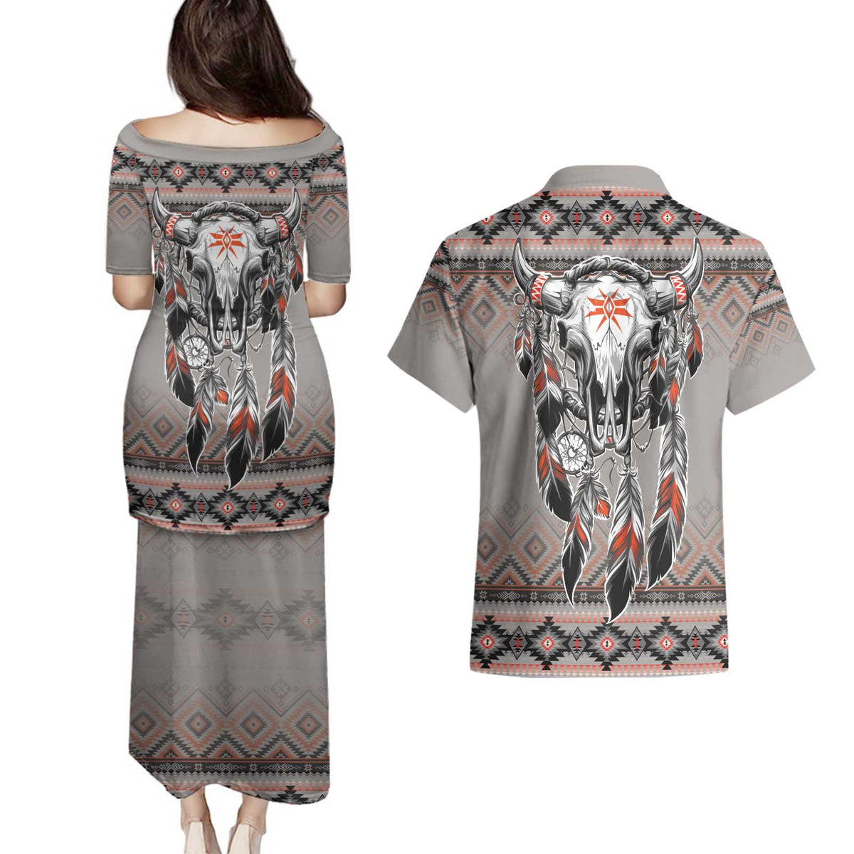 Native American Buffalo Skull Couples Matching Puletasi and Hawaiian Shirt with Dream Catchers Feathers