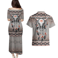 Native American Buffalo Skull Couples Matching Puletasi and Hawaiian Shirt with Dream Catchers Feathers