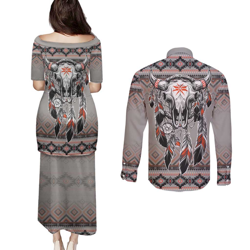 Native American Buffalo Skull Couples Matching Puletasi and Long Sleeve Button Shirt with Dream Catchers Feathers