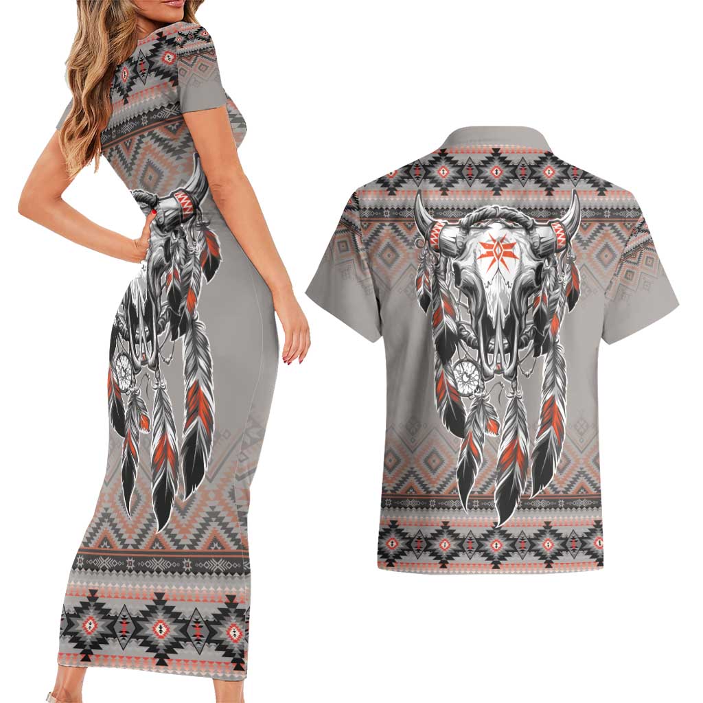 Native American Buffalo Skull Couples Matching Short Sleeve Bodycon Dress and Hawaiian Shirt with Dream Catchers Feathers