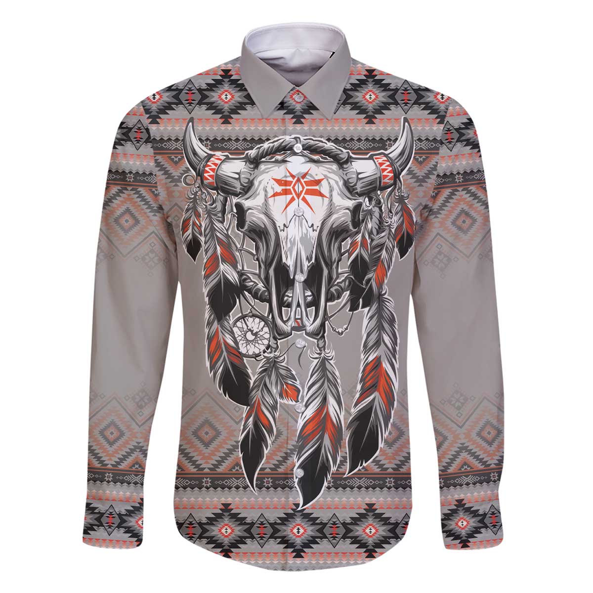 Native American Buffalo Skull Family Matching Off The Shoulder Long Sleeve Dress and Hawaiian Shirt with Dream Catchers Feathers