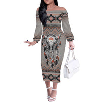 Native American Buffalo Skull Family Matching Off The Shoulder Long Sleeve Dress and Hawaiian Shirt with Dream Catchers Feathers