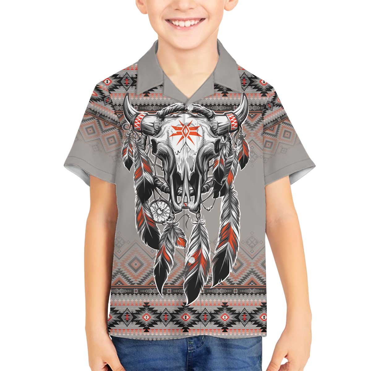 Native American Buffalo Skull Family Matching Off The Shoulder Long Sleeve Dress and Hawaiian Shirt with Dream Catchers Feathers