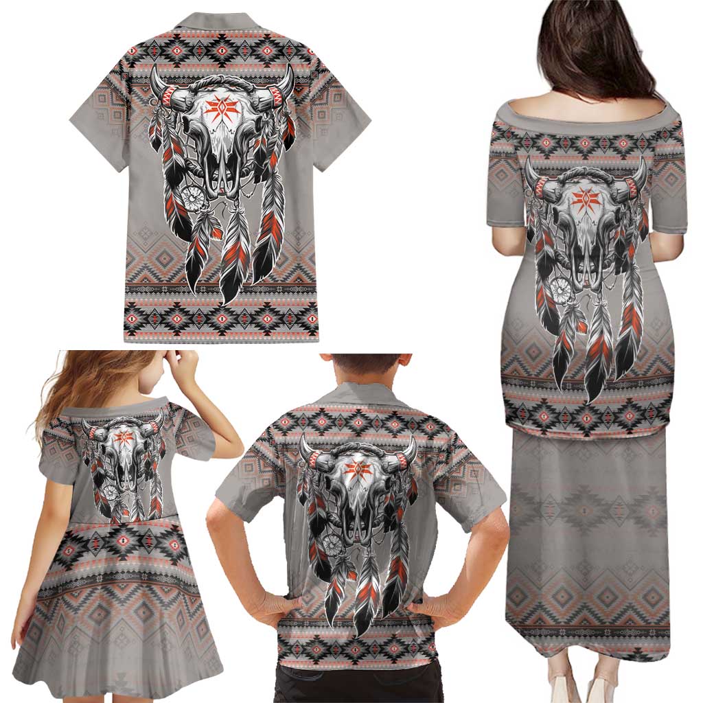 Native American Buffalo Skull Family Matching Puletasi and Hawaiian Shirt with Dream Catchers Feathers
