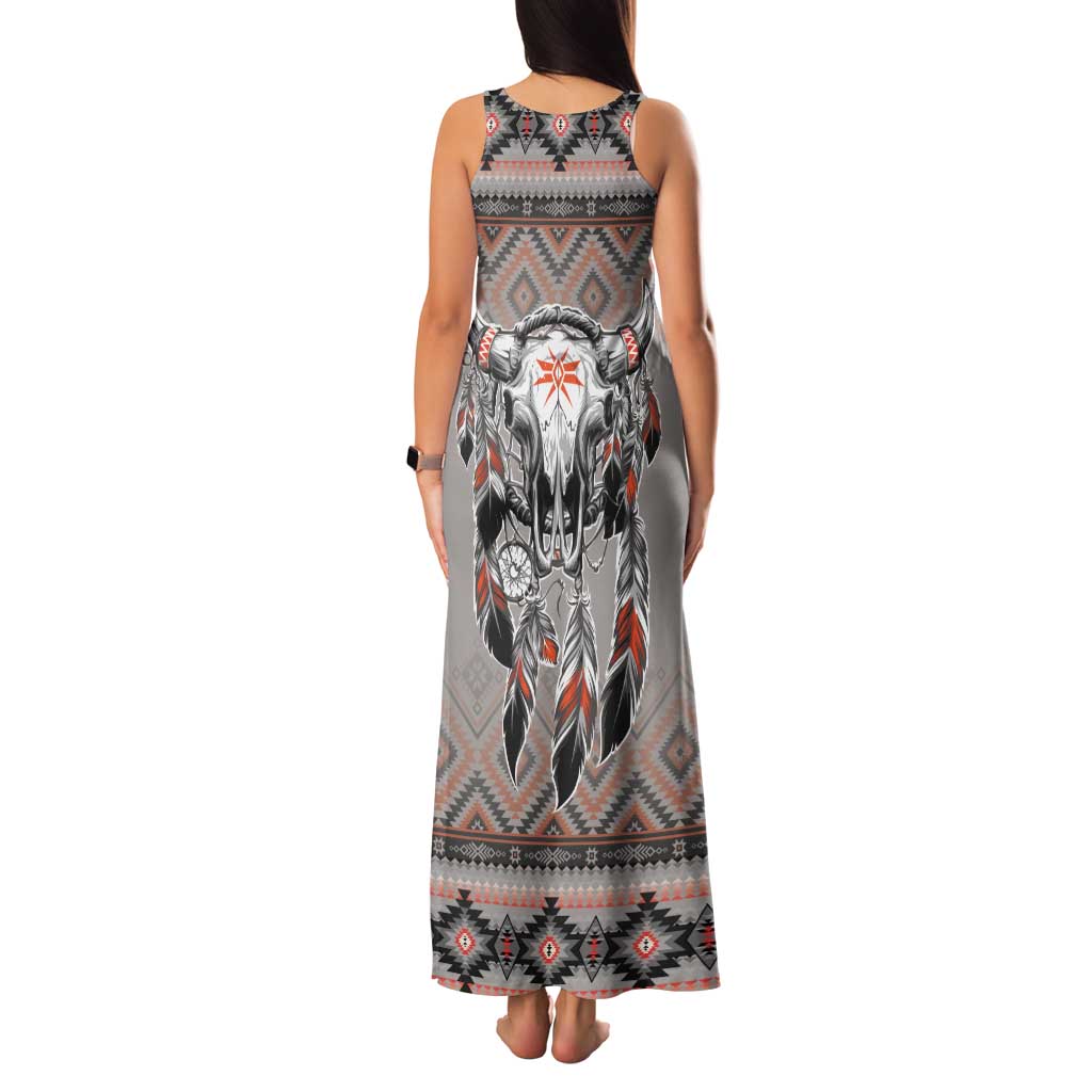 Native American Buffalo Skull Family Matching Tank Maxi Dress and Hawaiian Shirt with Dream Catchers Feathers