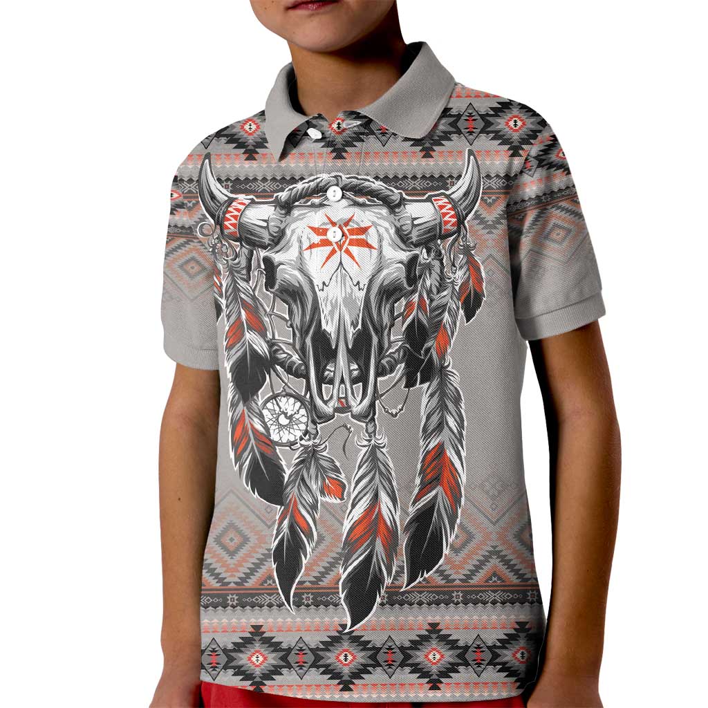 Native American Buffalo Skull Kid Polo Shirt with Dream Catchers Feathers