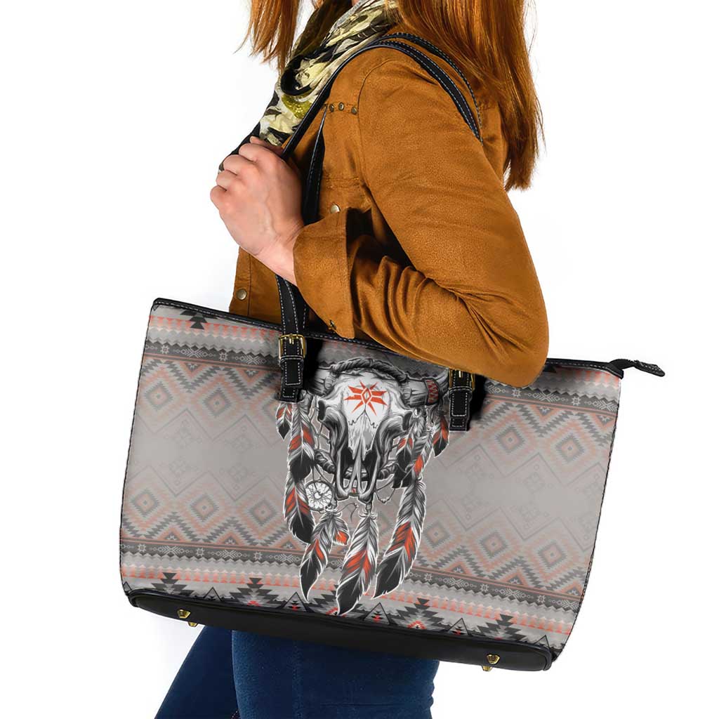Native American Buffalo Skull Leather Tote Bag with Dream Catchers Feathers