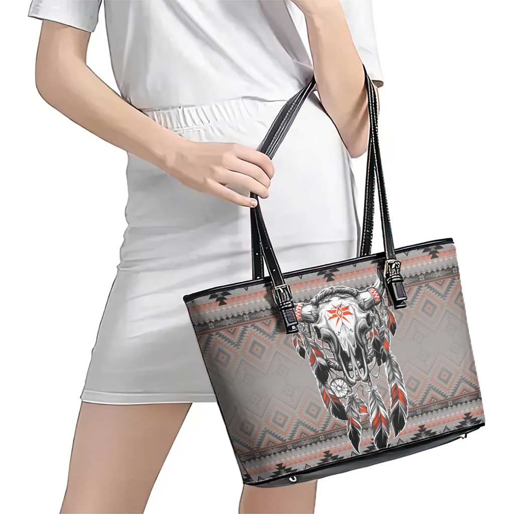 Native American Buffalo Skull Leather Tote Bag with Dream Catchers Feathers