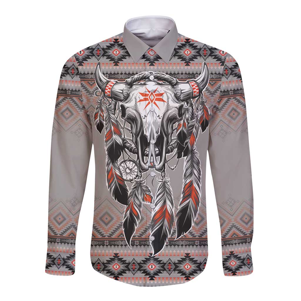 Native American Buffalo Skull Long Sleeve Button Shirt with Dream Catchers Feathers