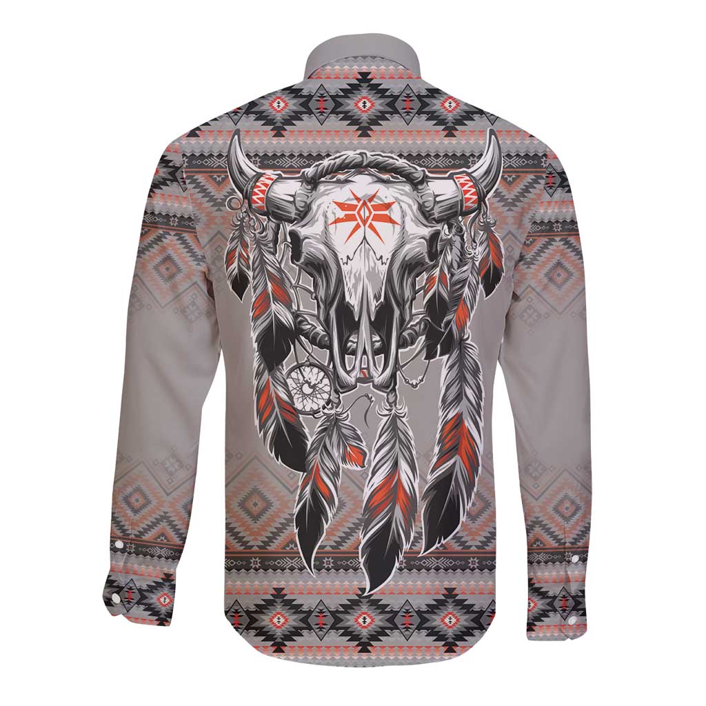 Native American Buffalo Skull Long Sleeve Button Shirt with Dream Catchers Feathers
