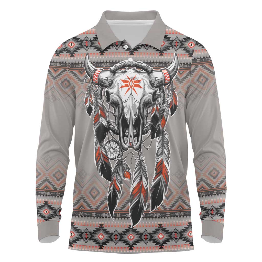 Native American Buffalo Skull Long Sleeve Polo Shirt with Dream Catchers Feathers