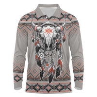 Native American Buffalo Skull Long Sleeve Polo Shirt with Dream Catchers Feathers
