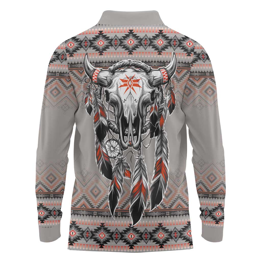 Native American Buffalo Skull Long Sleeve Polo Shirt with Dream Catchers Feathers
