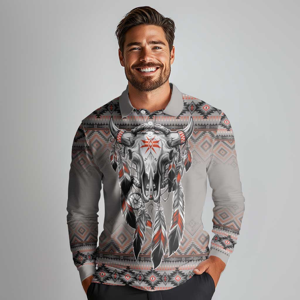 Native American Buffalo Skull Long Sleeve Polo Shirt with Dream Catchers Feathers