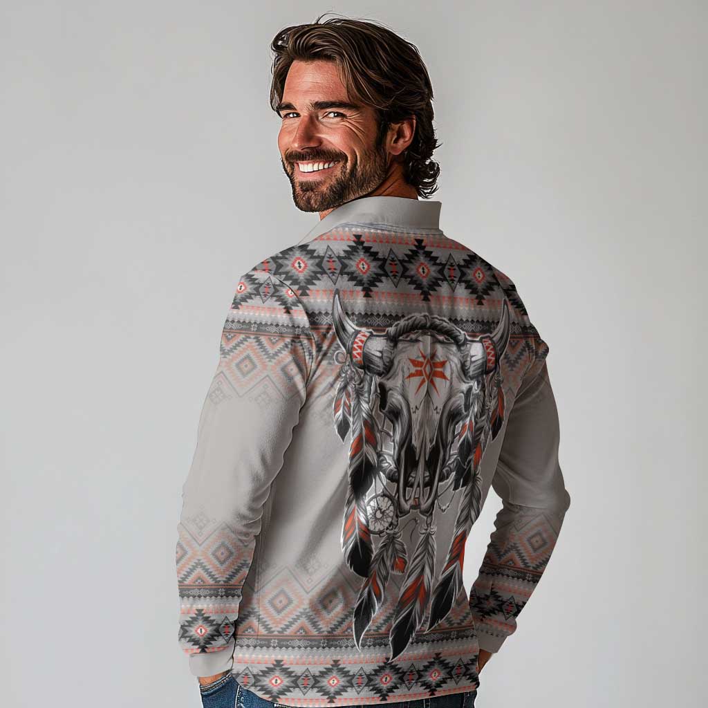 Native American Buffalo Skull Long Sleeve Polo Shirt with Dream Catchers Feathers