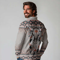 Native American Buffalo Skull Long Sleeve Polo Shirt with Dream Catchers Feathers