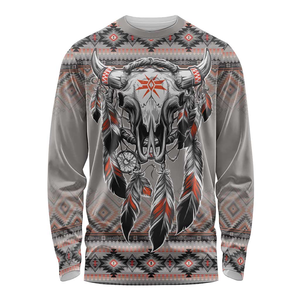 Native American Buffalo Skull Long Sleeve Shirt with Dream Catchers Feathers