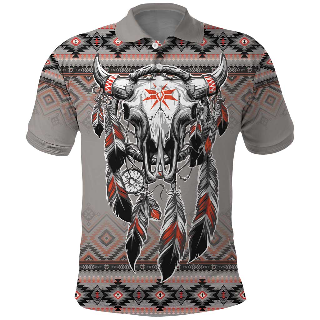 Native American Buffalo Skull Polo Shirt with Dream Catchers Feathers