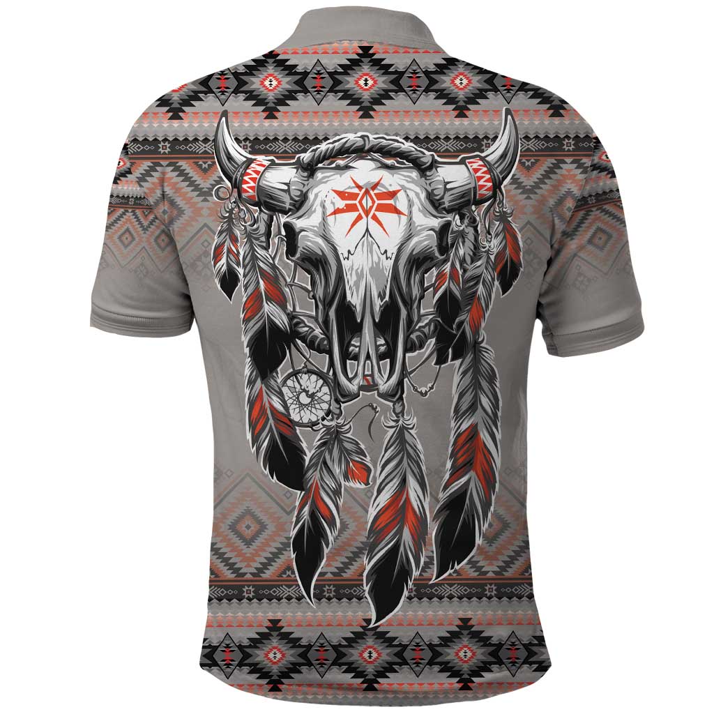 Native American Buffalo Skull Polo Shirt with Dream Catchers Feathers