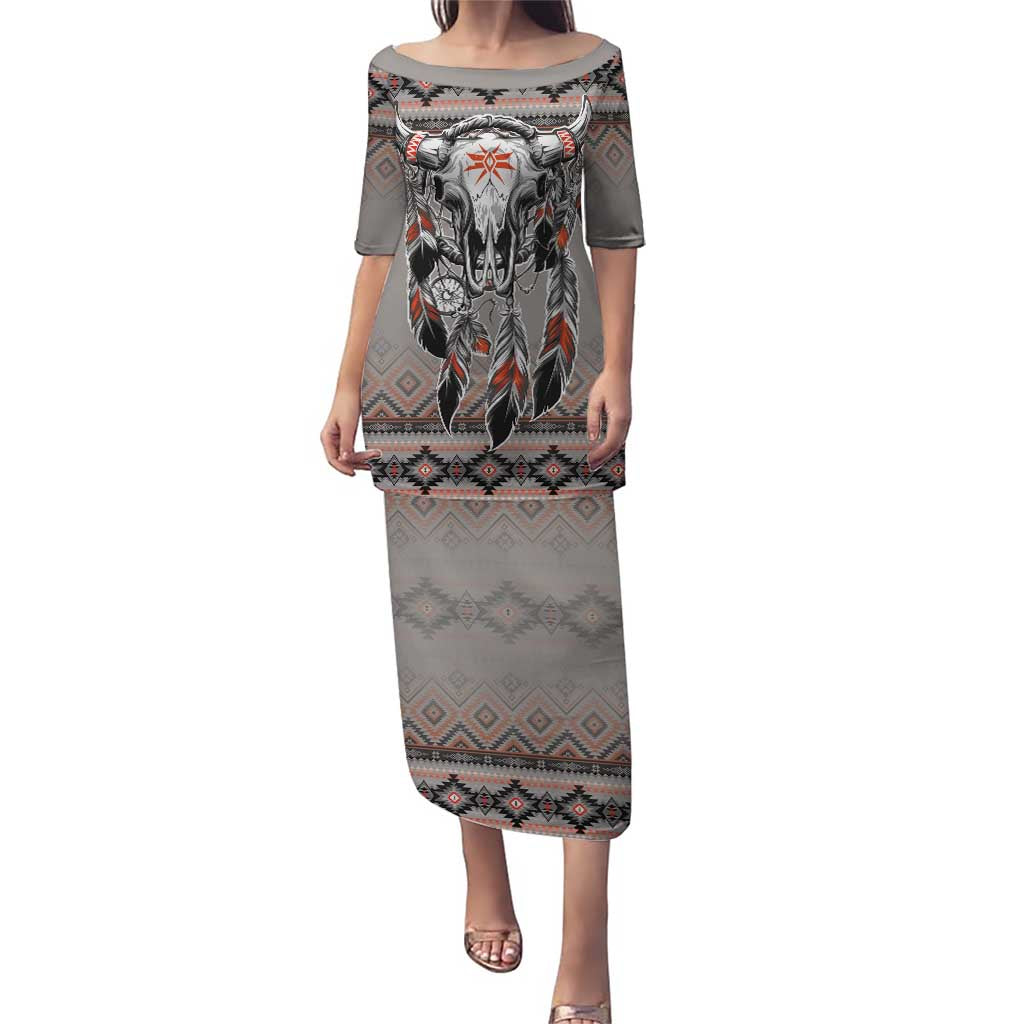 Native American Buffalo Skull Puletasi with Dream Catchers Feathers