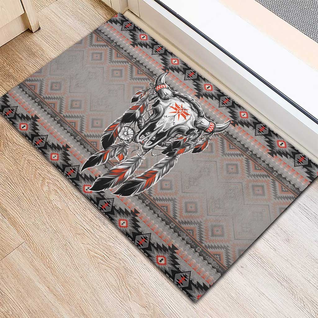 Native American Buffalo Skull Rubber Doormat with Dream Catchers Feathers