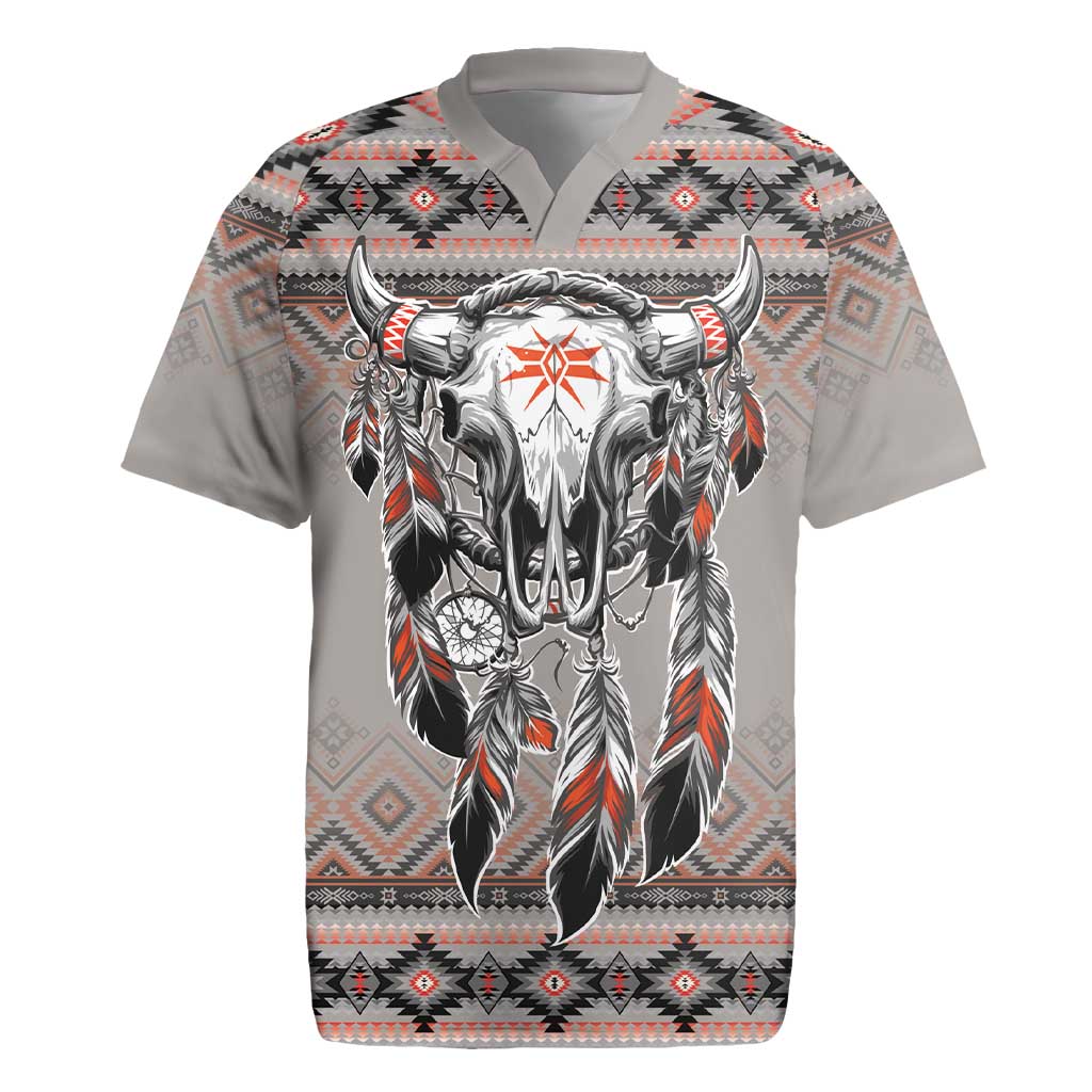 Native American Buffalo Skull Rugby Jersey with Dream Catchers Feathers