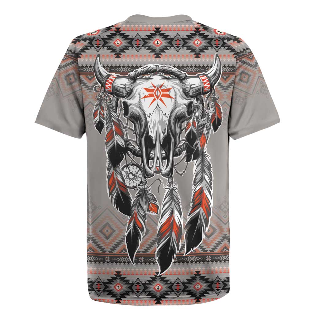 Native American Buffalo Skull Rugby Jersey with Dream Catchers Feathers