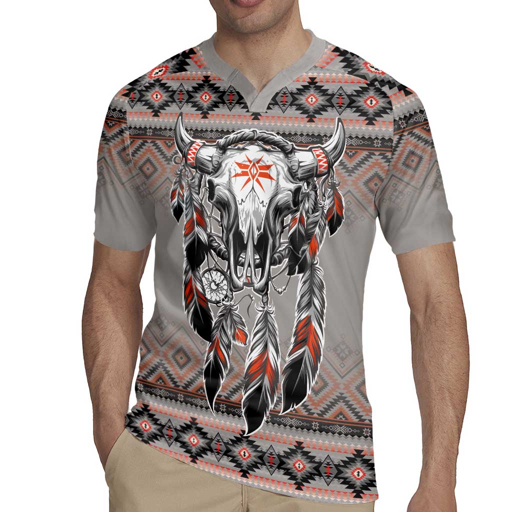 Native American Buffalo Skull Rugby Jersey with Dream Catchers Feathers
