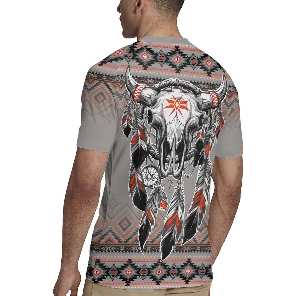 Native American Buffalo Skull Rugby Jersey with Dream Catchers Feathers