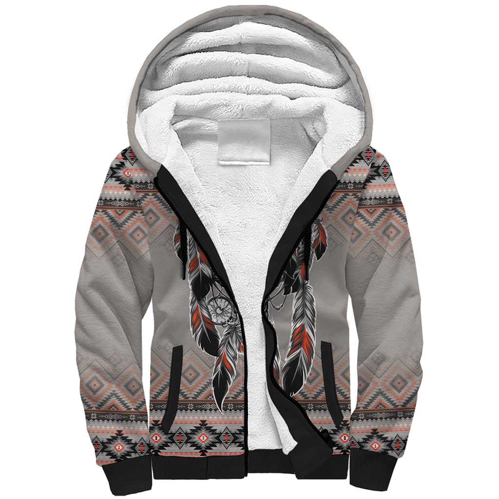 Native American Buffalo Skull Sherpa Hoodie with Dream Catchers Feathers